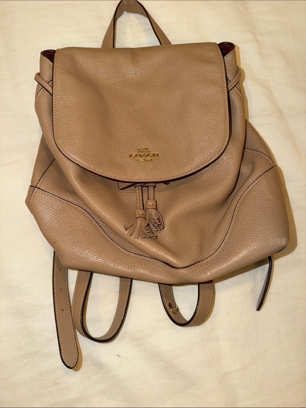 Coach Pebbled Leather Backpack in Taupe Brown with Gold Hardware
